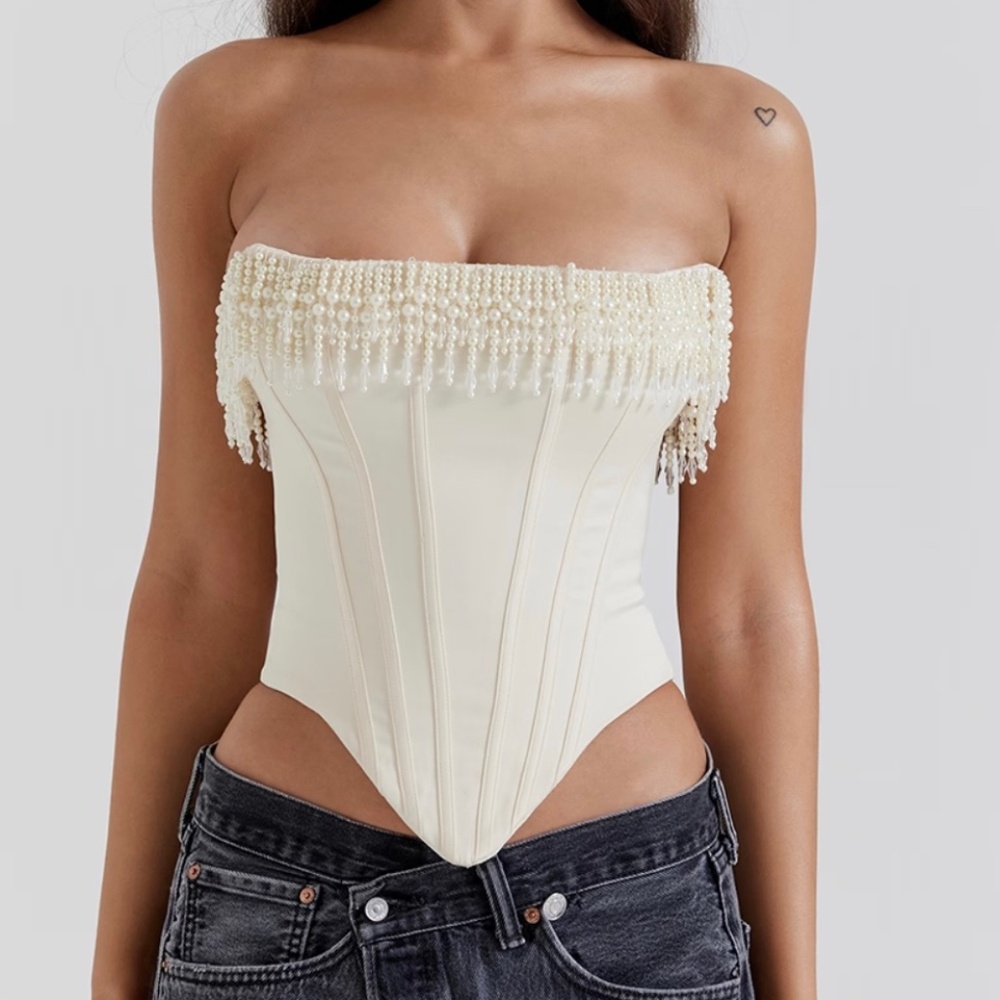 NWT House of CB Ivory Pearl-Trim Strapless Corset Top